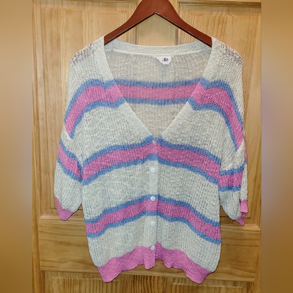 BiBi Stripe Button Front Lightweight Cardigan. Size XL    Cream, Pink, and Blue